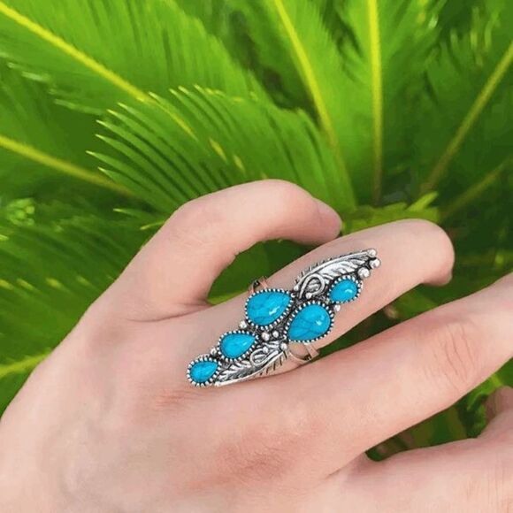 Silver Turquoise Water Drop Leaf Boho Western Statement Ring - Picture 2 of 5